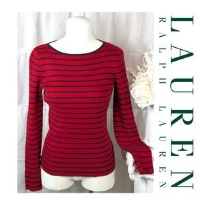 Lauren Ralph Lauren Womens Red Navy Blue Striped Long Sleeve Sweater Size S